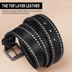 FIORETTO Mens Studded Genuine Leather Belts For Jeans Vintage Retro Circle Rivets Belt With Buckle Black