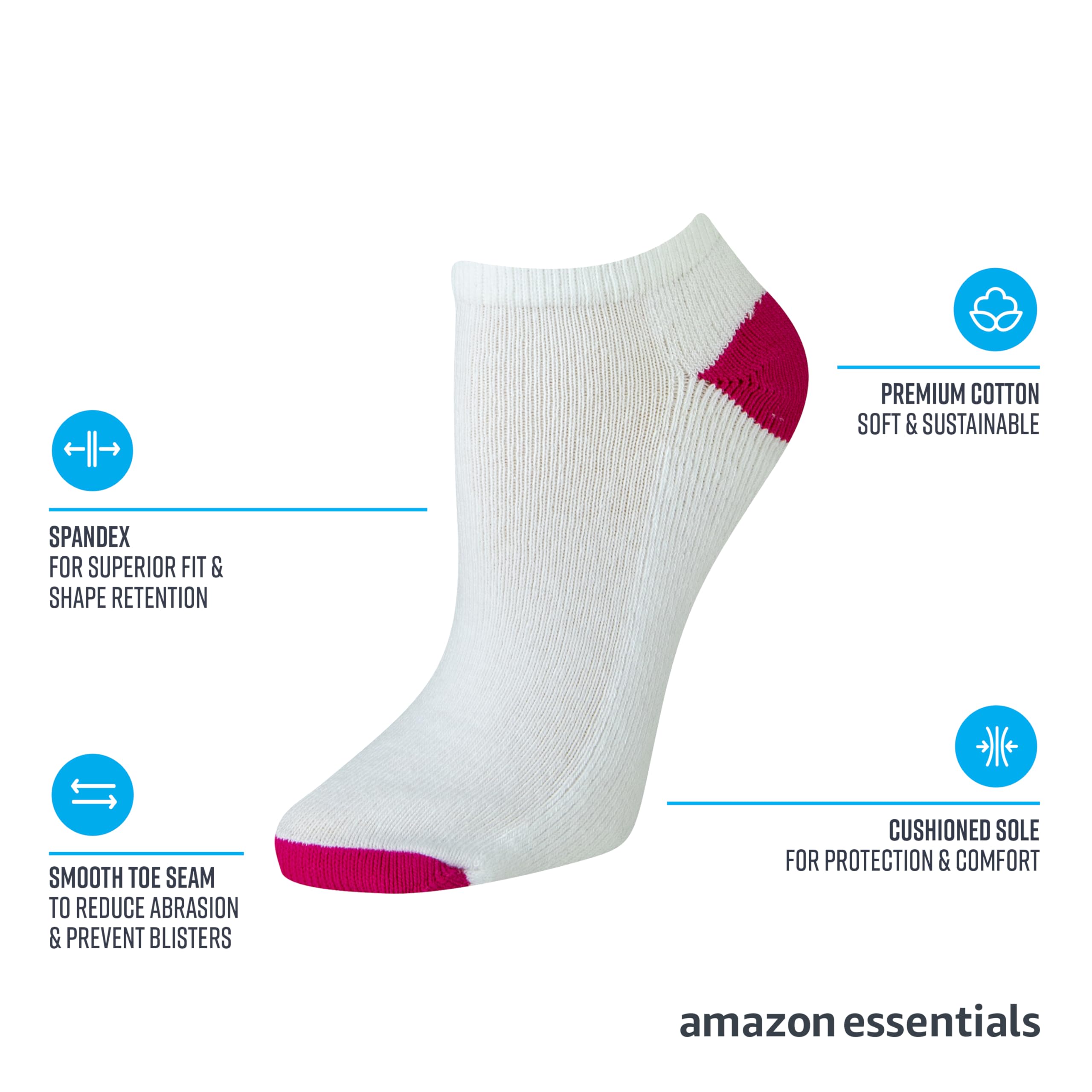 Amazon Essentials Women's Performance Cotton Cushioned Breathable Athletic No-Show Sports Socks, 6 Pairs, White, 8-12