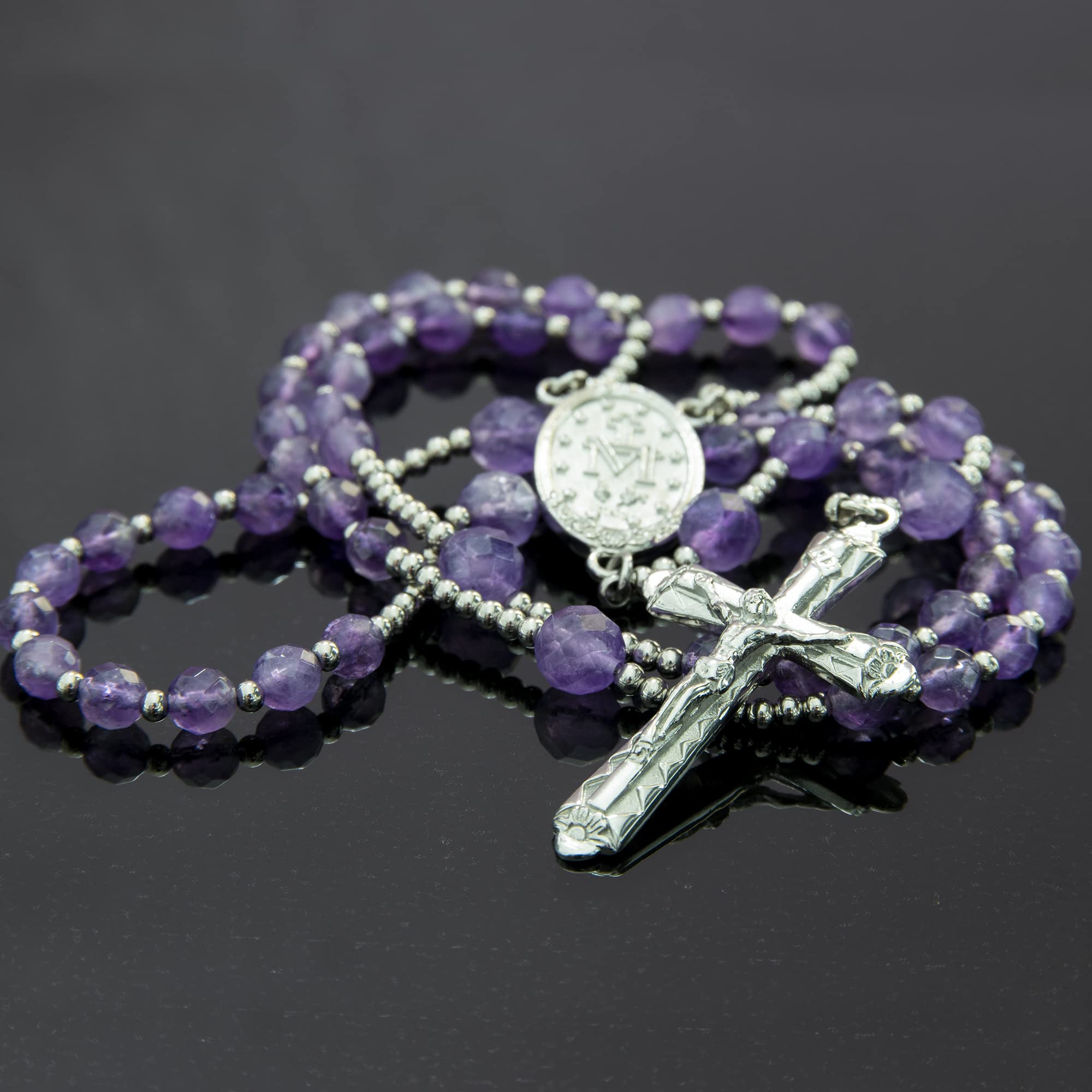 Our Lady Rosary Beads Catholic for Women, Miraculous Medal original Amethyst and Stainless Steel Rosary