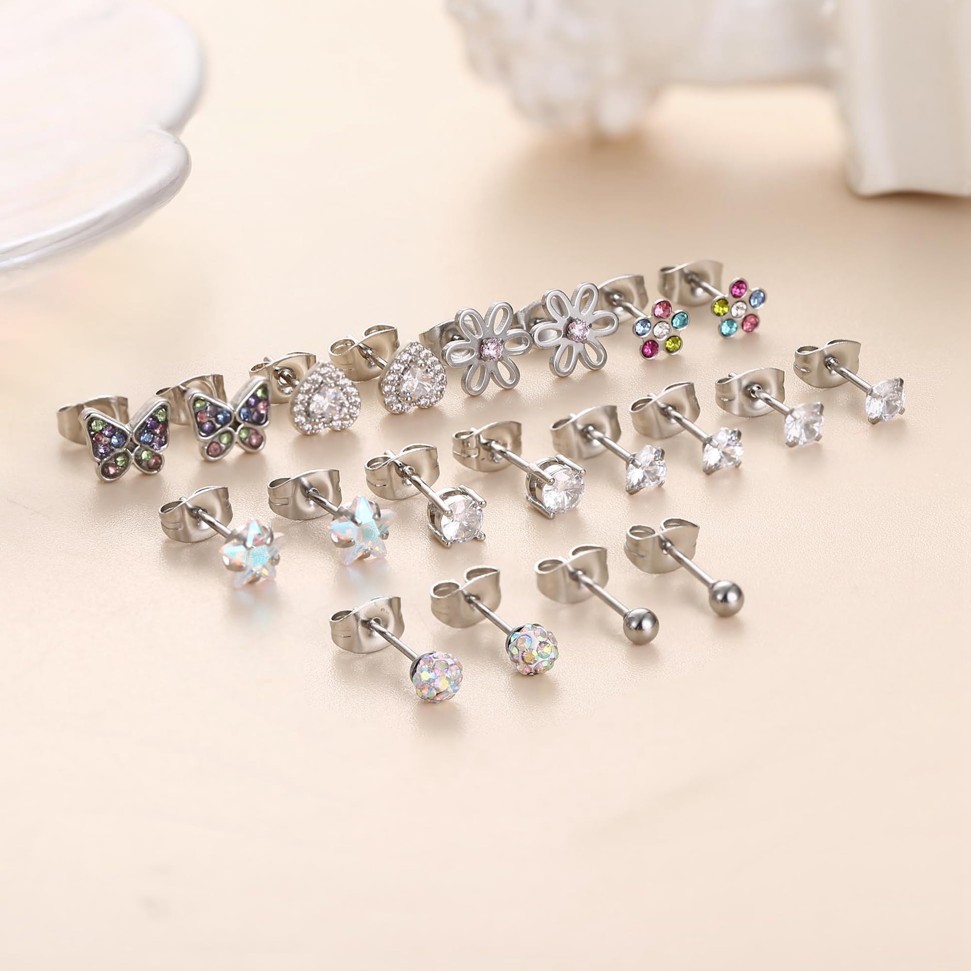 YADOCA 10 Pairs Hypoallergenic Surgical Steel Stud Earrings for Women Girls CZ Heart Butterfly Flower Stud Earrings Set