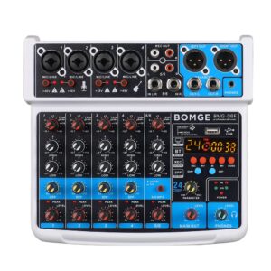 BOMGE 6 Channel mini DJ Audio sound mixer console with USB interface, Bluetooth, Stereo Recording, 48V Phantom Power, 24 DSP effects for karaoke, singing, live，streaming，pc recroding. (white)