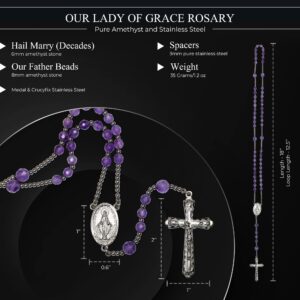 Our Lady Rosary Beads Catholic for Women, Miraculous Medal original Amethyst and Stainless Steel Rosary