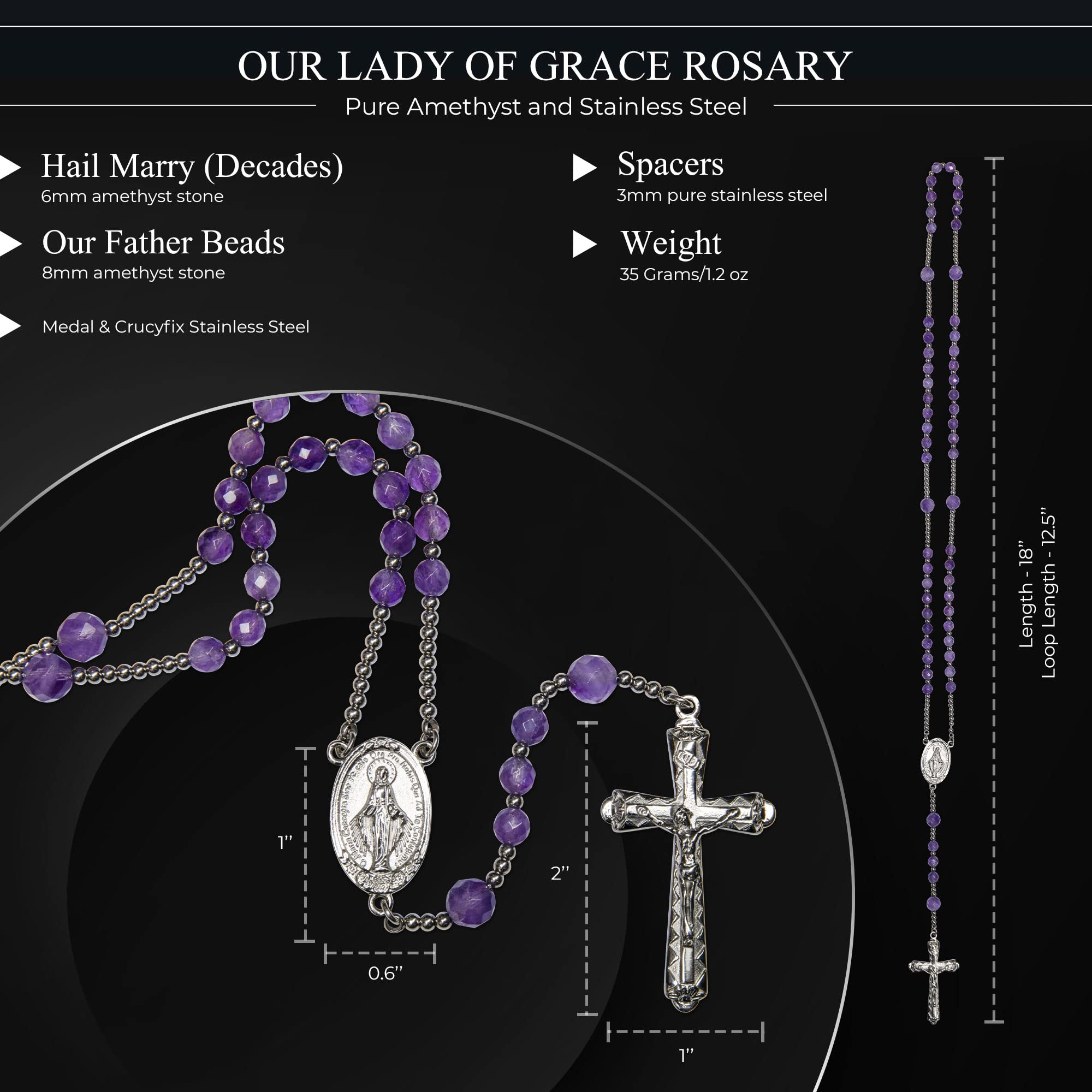 Our Lady Rosary Beads Catholic for Women, Miraculous Medal original Amethyst and Stainless Steel Rosary