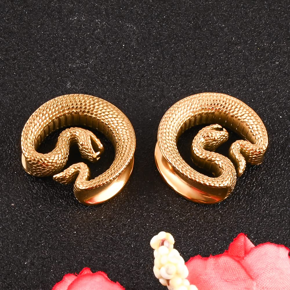 DOEARKO 2PCS Fashion Snake Saddle Ear Plugs Body Piercing Tunnels 316 Stainless Steel Hypoallergenic Earrings Plugs for Ears Expander Body Jewelry (19mm(3/4"), gold)