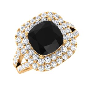 natural black onyx 8mm cushion cut engagement ring, black onyx double halo ring - aaa quality with certificate, 14k yellow gold, size:us 12.50