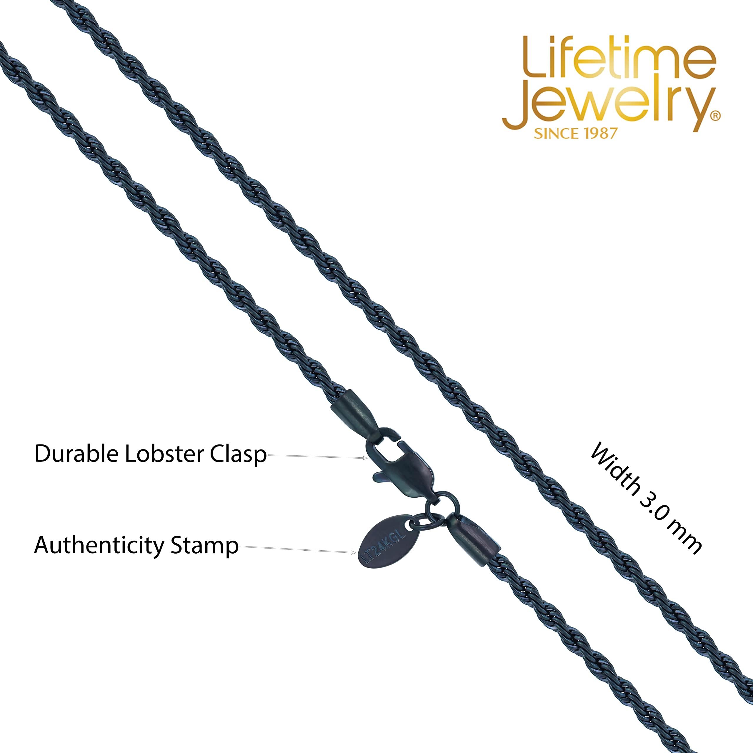 LIFETIME JEWELRY 3mm Rope Chain for Men & Women Diamond Cut Necklaces for Women & Men Necklace 14 to 36 Inch Black | Gunmetal | Stainless Steel (22 inches, Black)