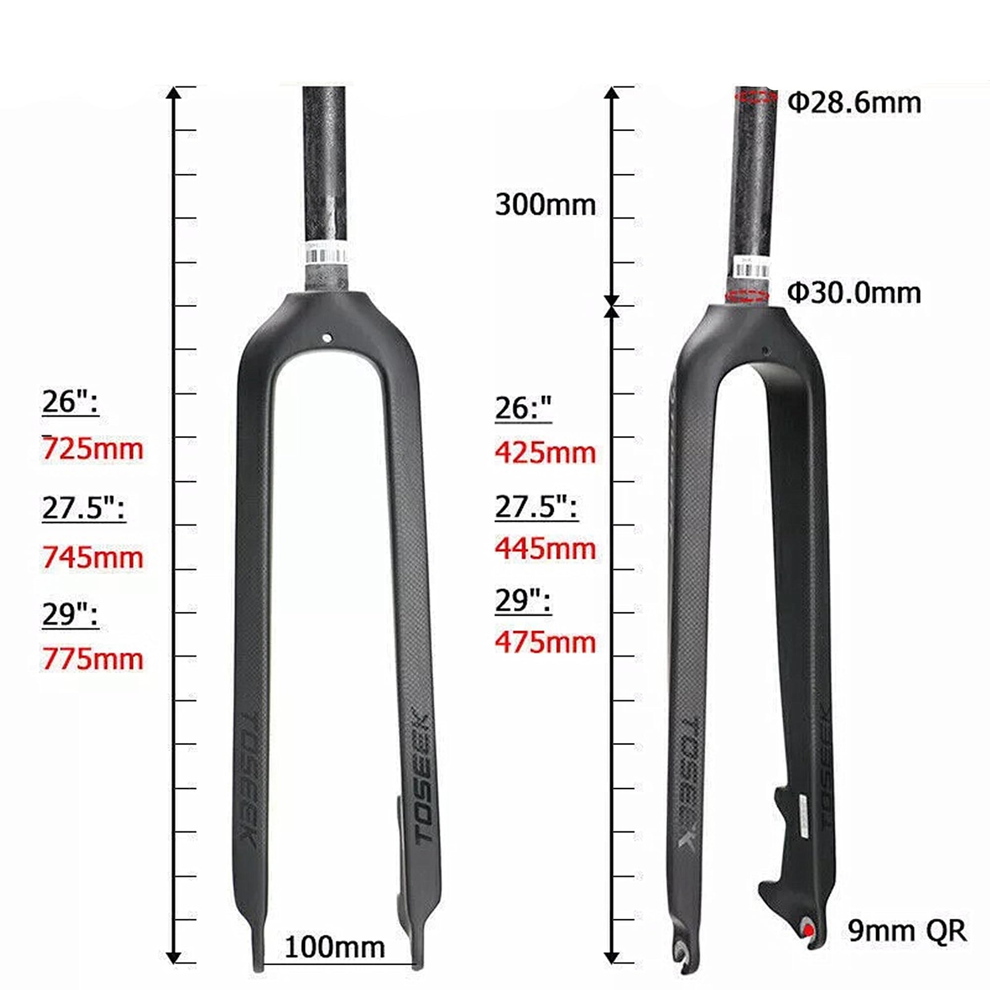 BestParts Toseek MTB Front Fork 1-1/8" Full Carbon Fiber Rigid Disc Brake 3K T800, Threadless Straight Tube Superlight Mountain Bike Forks 28.6mm, 29"