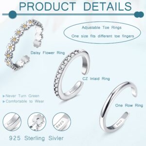 FASACCO Toe Rings 925 Sterling Silver Toe Rings for Women CZ Simple Daisy Adjustable Toe Rings