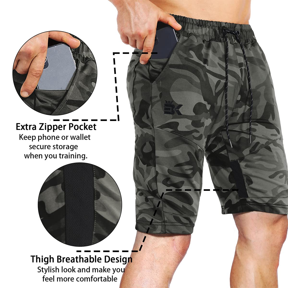 BROKIG Mens Thighs Mesh Gym Workout Shorts, Bodybuilding Slim Athletic Running Shorts for Men with Zipper Pockets (Camo Green,Small)