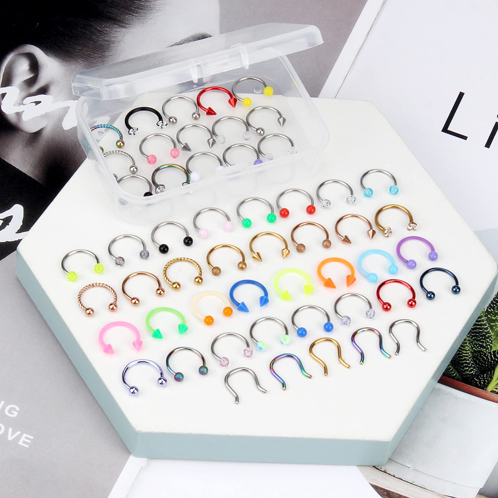 ONESING 80 Pcs, 16g, Septum Rings for Women Septum Piercing Horseshoe Nose Hoop Lip Tragus Cartilage Earrings Hypoallergenic Stainless Steel Body jewelry 10mm