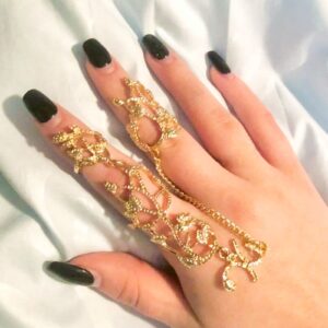 Full Finger Ring for Women Hand Chain Leaf Charm Finger Ring Bracelet with Chain Knuckle Open Long Finger Ring Hand Chains Adjustable Ring Bracelet Hand Chain Jewelry(Gold）