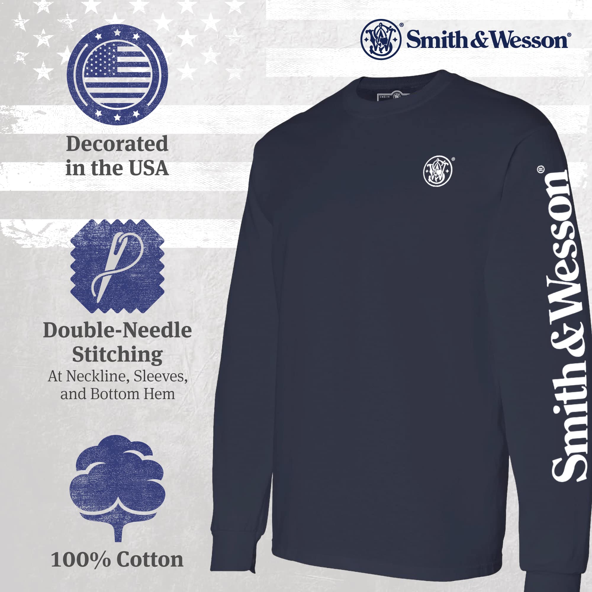 Smith and Wesson® Officially Licensed Men's Solid Graphic T-Shirt, American Flag and S&W Long-Sleeve Logo Classic Tee (US, Alpha, X-Large, Regular, Regular, Navy)