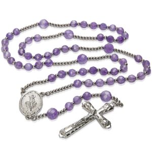 our lady rosary beads catholic for women, miraculous medal original amethyst and stainless steel rosary