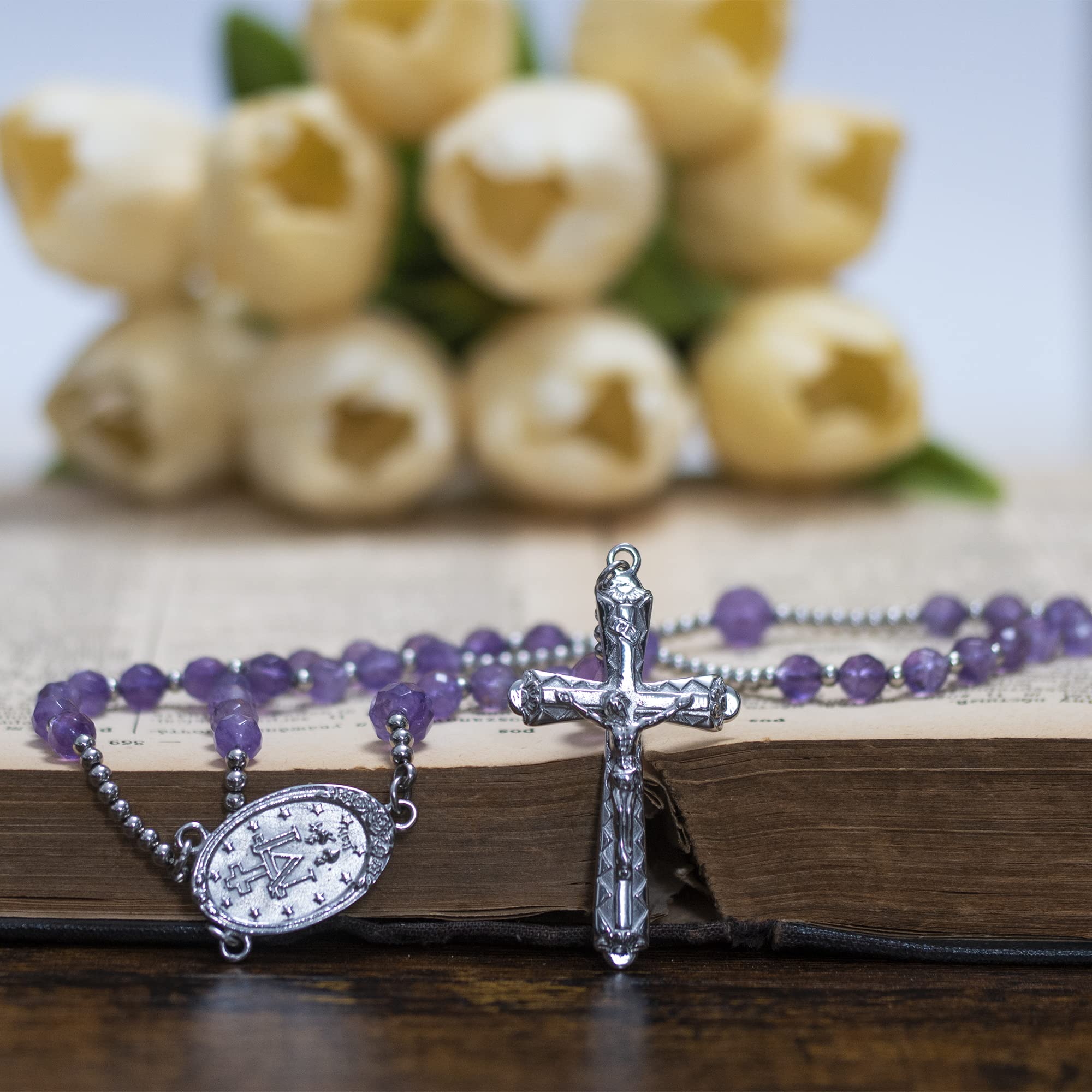 Our Lady Rosary Beads Catholic for Women, Miraculous Medal original Amethyst and Stainless Steel Rosary