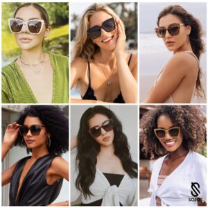 SOJOS Trendy Polarized Sunglasses For Women Retro Womens Oversized Square Cat Eye Sun Glasses UV Protection SJ2206 Black Frame Grey Lens