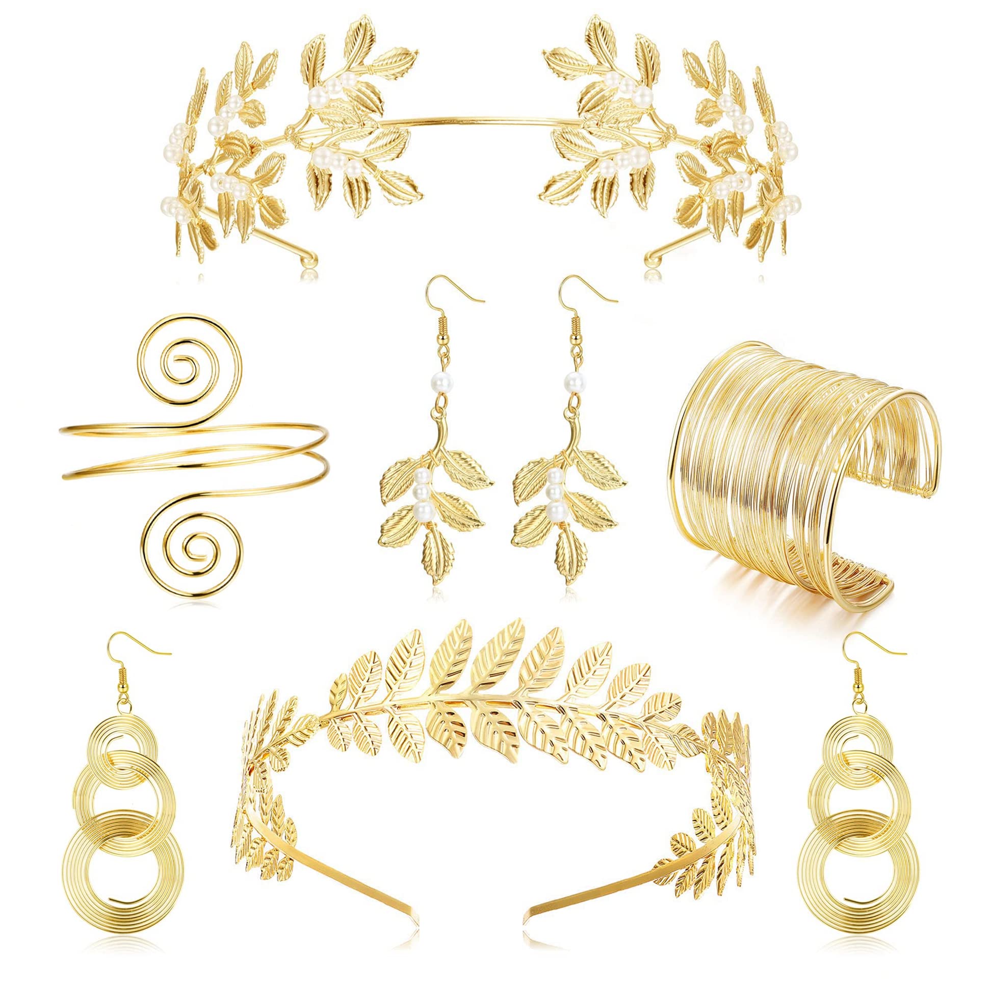 YADOCA 6 Pcs Greek Goddess Costume Accessories Set for Women Gold Laurel Leaf Crown Headband Upper Arm Cuff Coil Bracelet Pearl Dangle Earring Bridal Bridesmaid Wedding Headpiece Toga Costume Jewelry