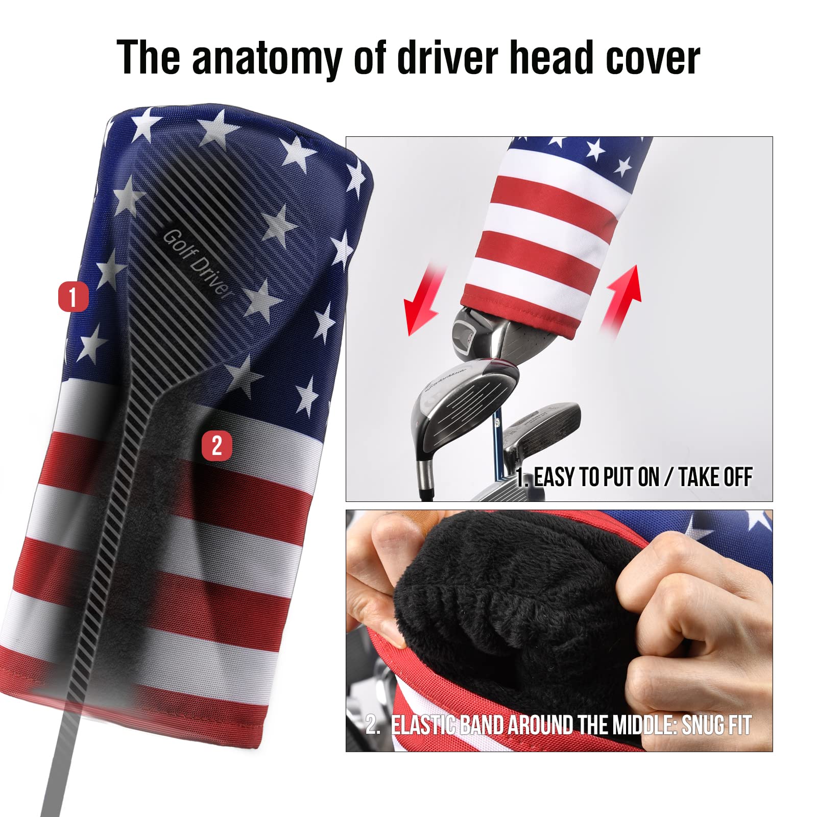 GoparoO Golf Driver Head Cover with USA Flag Design Nylon Headcover with Barrel Design | Fit Most Golf Brands (US Flag)