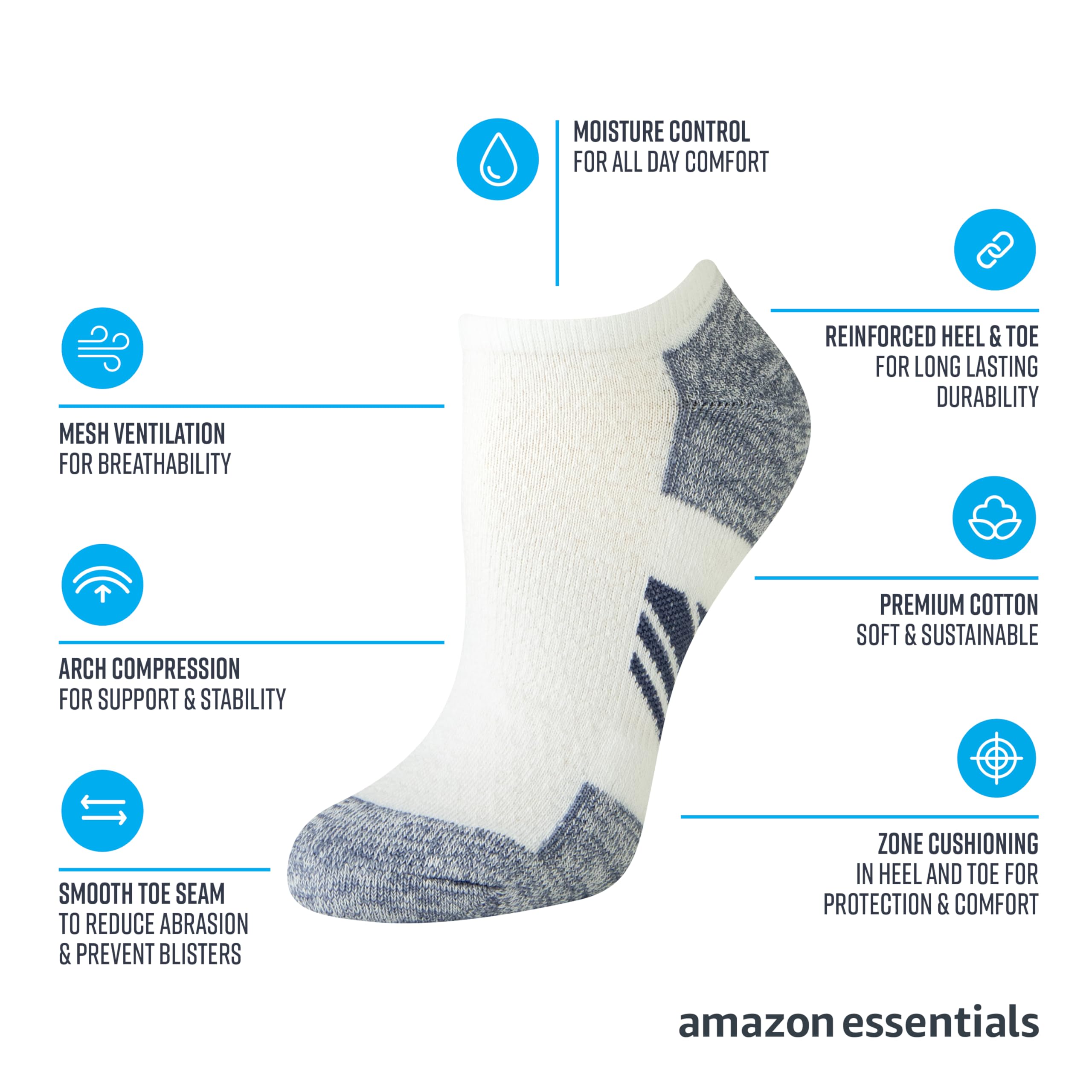 Amazon Essentials Women's Performance Cotton Cushioned Breathable Athletic No-Show Sports Socks, 6 Pairs, Purple/Teal Blue, 6-9