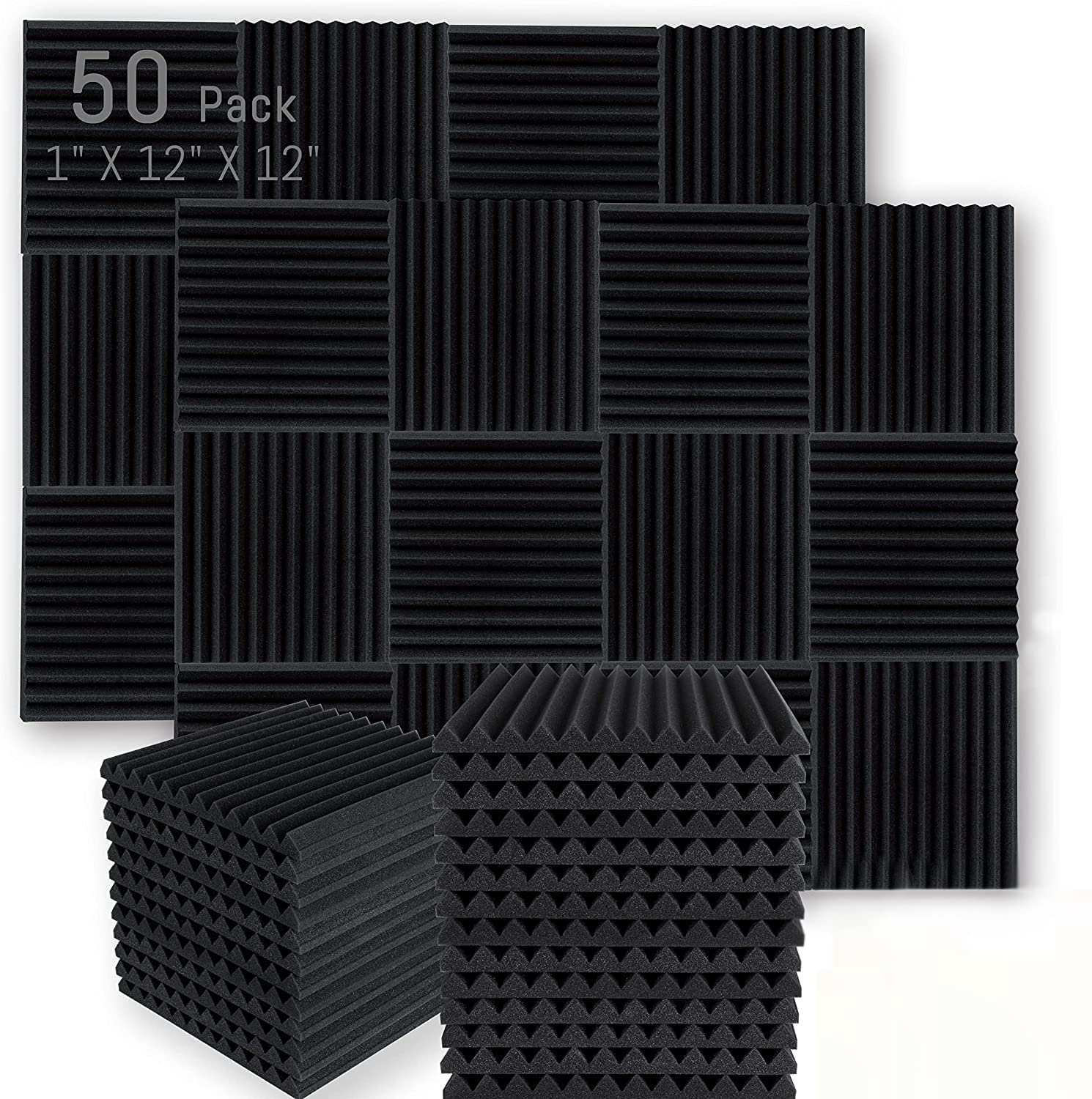 Wiberation 50 Pack Acoustic Foam Panels 1" X 12" X 12" Wedge Soundproof Foam for Studios, Recording Studios, Home Studios