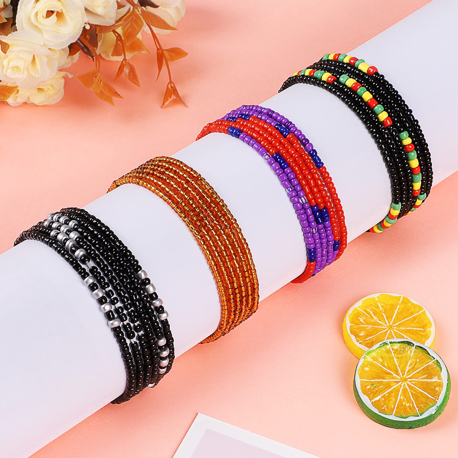 Teniinet 4PCS Glass 50” Handmade African Waist Beads for Women Non-Stretching(Tie-on)Multicolor