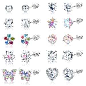 sailimue 10 pairs hypoallergenic screwback earrings for women 316l stainless steel heart cz screw back earring studs multicolored butterfly flower stud earrings set