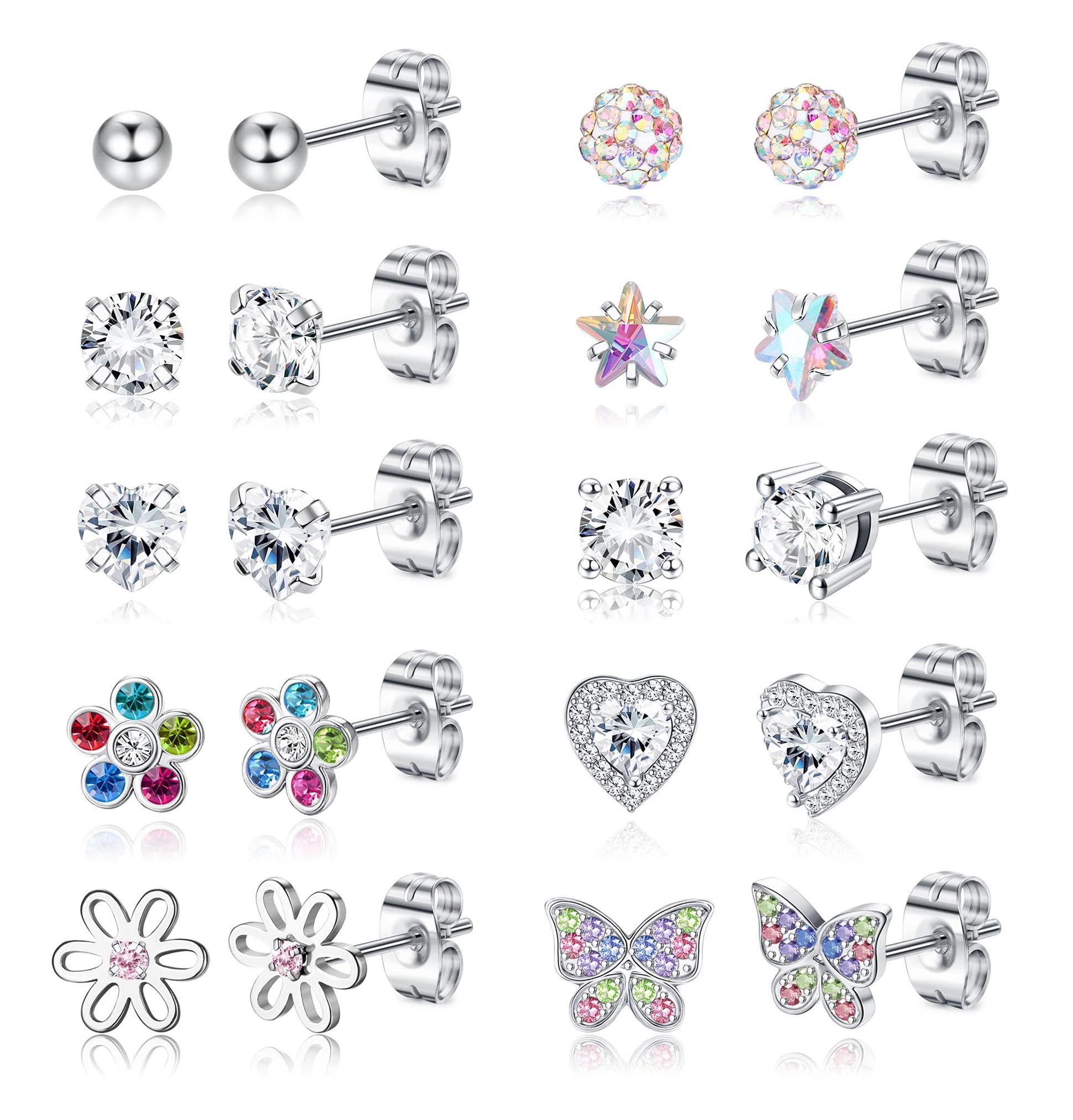 YADOCA 10 Pairs Hypoallergenic Surgical Steel Stud Earrings for Women Girls CZ Heart Butterfly Flower Stud Earrings Set