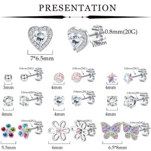 YADOCA 10 Pairs Hypoallergenic Surgical Steel Stud Earrings for Women Girls CZ Heart Butterfly Flower Stud Earrings Set