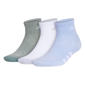 adidas men's cushioned quarter socks (3-pair), blue dawn/white/silver green, large