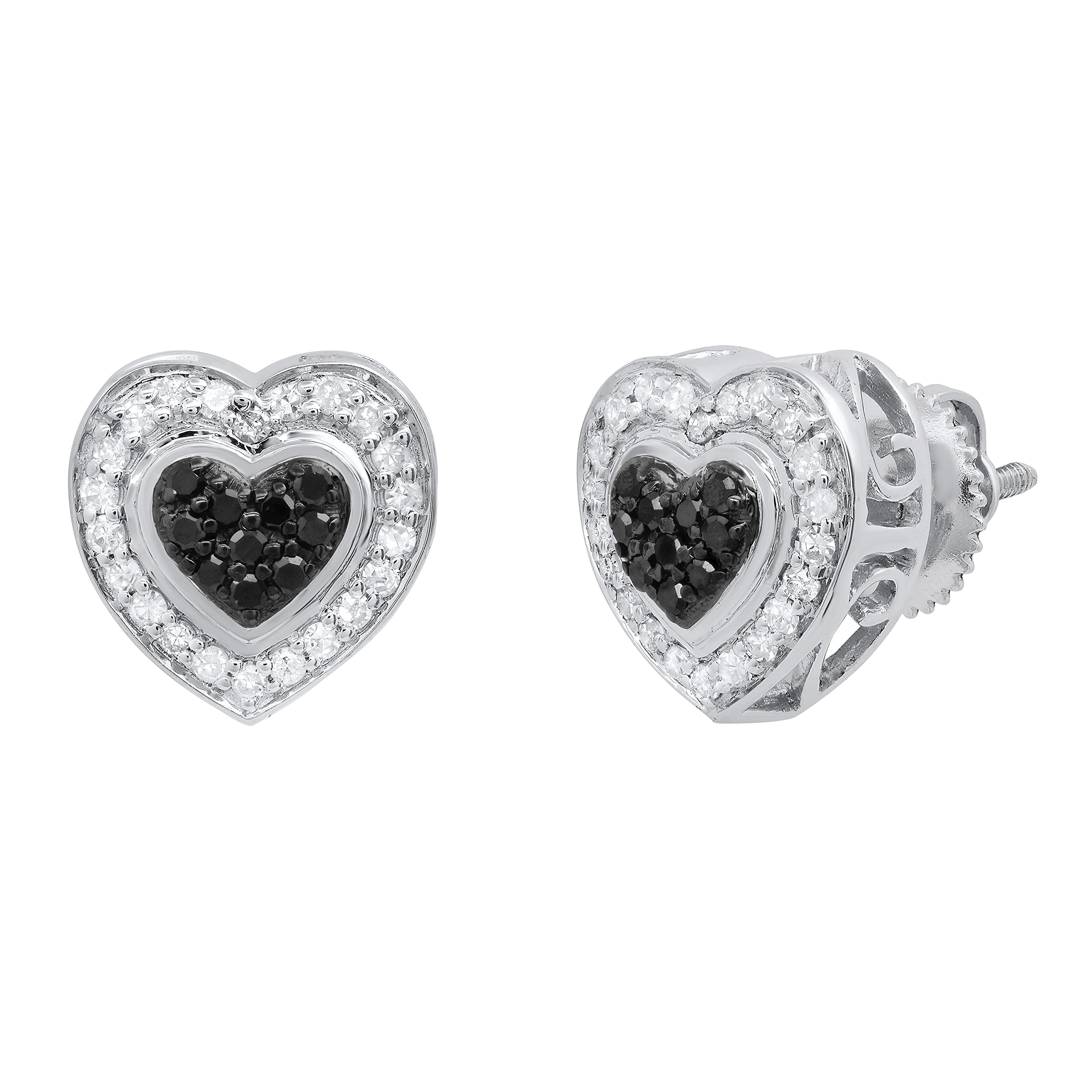 Dazzlingrock Collection 0.37 Carat (ctw) Round Black and White Diamond Heart Shaped Screw Back Stud Earrings For Women in 925 Sterling Silver