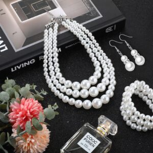 Haysandy 1920s Large Big Pearl Necklace Bracelet and Earring Wedding Faux Pearls Jewelry Set Multi Strand Simulated Pearl Necklace Chunky Pearls Costume Jewelry for Women Girls Bride Gift (White)