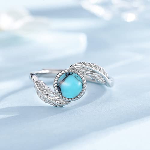 MEDWISE Feather Rings Turquoise Rings 925 Sterling Silver Adjustable Statement Leaf Rings Finger Thumb Rings for Women Birthday Christmas Mothers Day