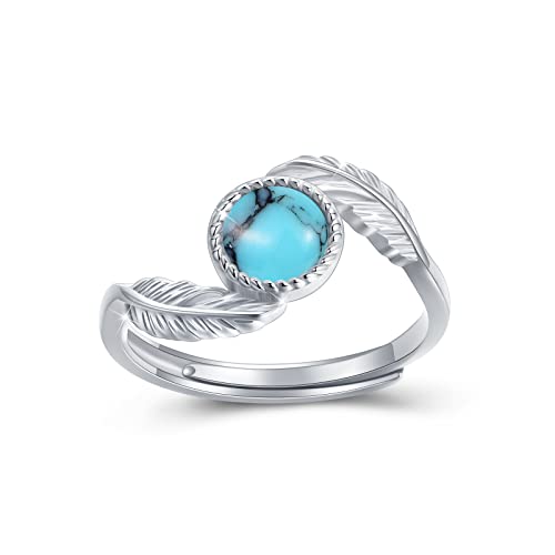 MEDWISE Feather Rings Turquoise Rings 925 Sterling Silver Adjustable Statement Leaf Rings Finger Thumb Rings for Women Birthday Christmas Mothers Day