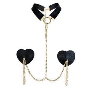 zgmyc pu leather metal chain nipple cover with choker, reusable heart-shaped pasties bra sexy bondage body chain black