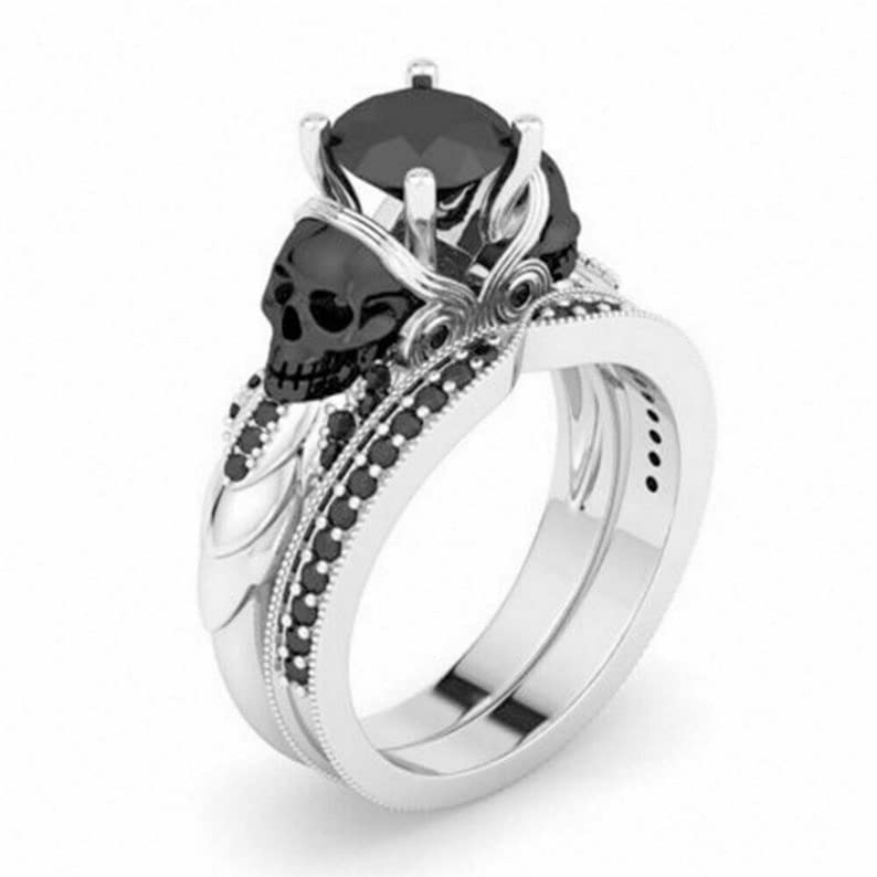 Destiny jewel 2.11ct black round cut diamond skull view engagement wedding bridal ring set, 925 sterling silver white gold over ring set (13.75)