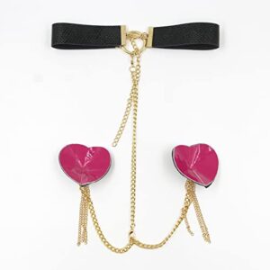 ZGMYC PU Leather Metal Chain Nipple Cover with Choker, Reusable Heart-shaped Pasties Bra Sexy Bondage Body Chain Black