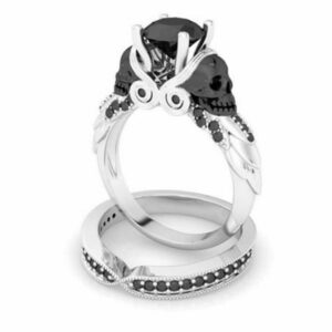 destiny jewel 2.11ct black round cut diamond skull view engagement wedding bridal ring set, 925 sterling silver white gold over ring set (13.75)