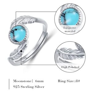 MEDWISE Feather Rings Turquoise Rings 925 Sterling Silver Adjustable Statement Leaf Rings Finger Thumb Rings for Women Birthday Christmas Mothers Day