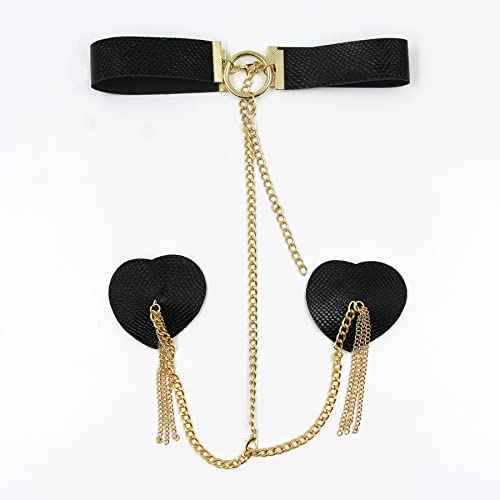 ZGMYC PU Leather Metal Chain Nipple Cover with Choker, Reusable Heart-shaped Pasties Bra Sexy Bondage Body Chain Black