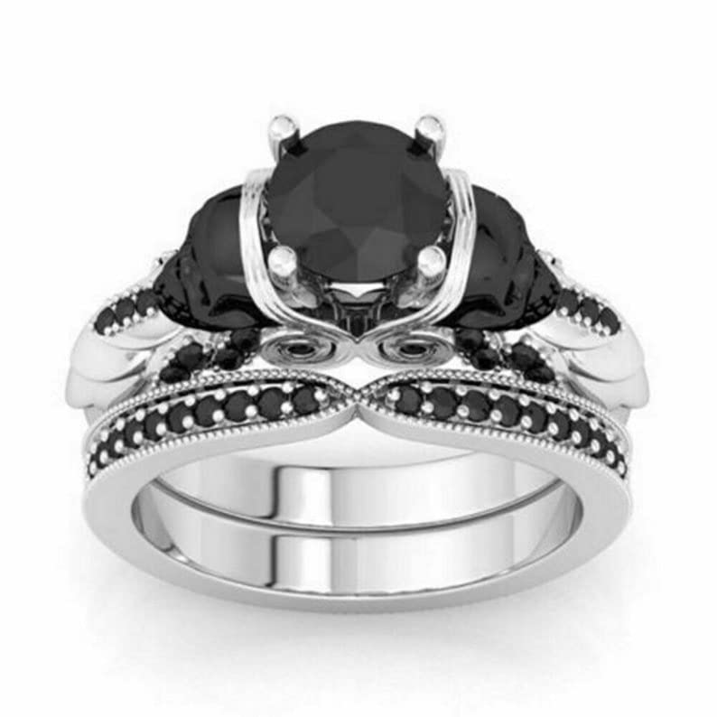 Destiny jewel 2.11ct black round cut diamond skull view engagement wedding bridal ring set, 925 sterling silver white gold over ring set (13.75)