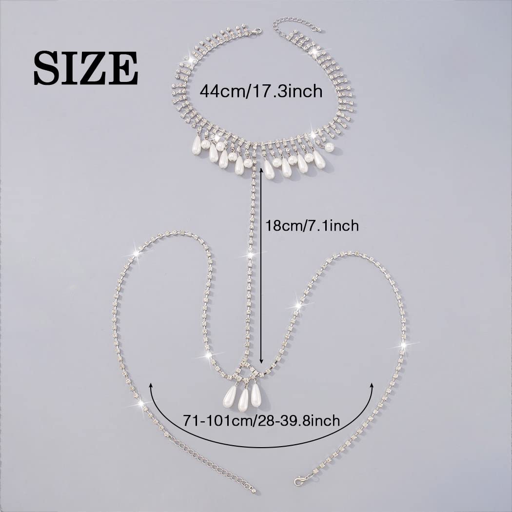 Bodiy Pearl Body Chain for Women Silver Crystal Chest Chain Tassel Sparkly Rhinestones Bikini Body Jewelry