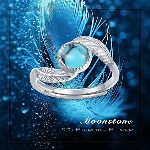 MEDWISE Feather Rings Turquoise Rings 925 Sterling Silver Adjustable Statement Leaf Rings Finger Thumb Rings for Women Birthday Christmas Mothers Day