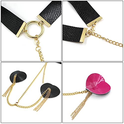 ZGMYC PU Leather Metal Chain Nipple Cover with Choker, Reusable Heart-shaped Pasties Bra Sexy Bondage Body Chain Black