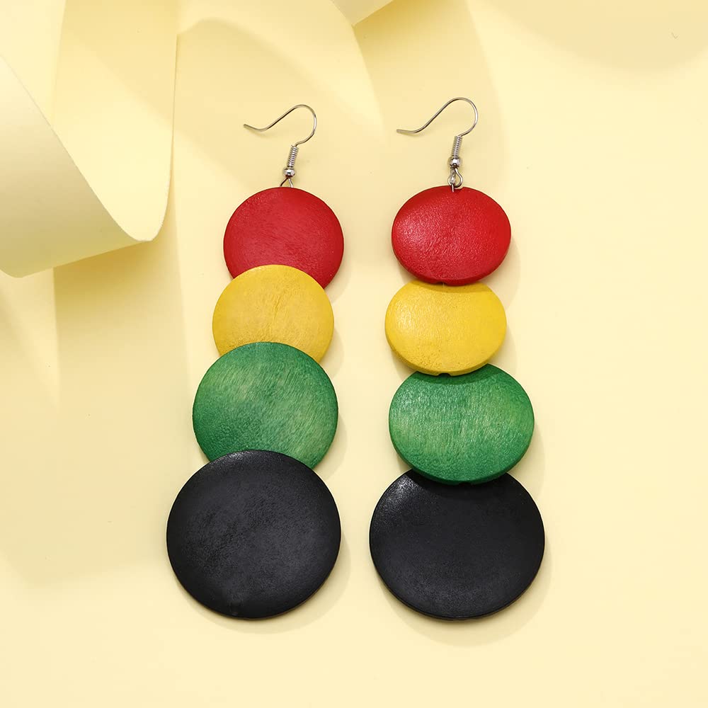 African Natural Wood Earrings Retro Bohemian Multilayer Round Geometric Dangling Eardrop Colorful Lightweight Wooden Map Leaf Triangle Drop Earring Ethnic Style Jewelry for Women (A 4 circles)