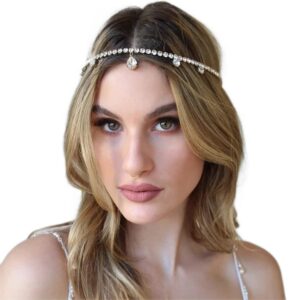 Fdesigner Wedding Head Chain Rhinestone Vintage Bride Headpieces Tassel Boho Hair Jewelry Bridal Headband Women Hair Accessories for Party Festival (Silver-Boho)