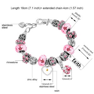 Silver Tone Crystal Murano Glass Beads Snake Chain Bracelet Faith Mustard Seed Charm Crystal Bracelets for Women Y1924 (pink)