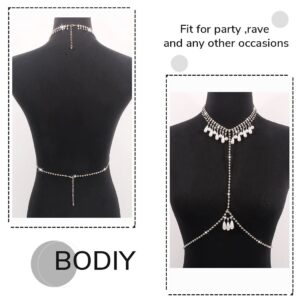 Bodiy Pearl Body Chain for Women Silver Crystal Chest Chain Tassel Sparkly Rhinestones Bikini Body Jewelry