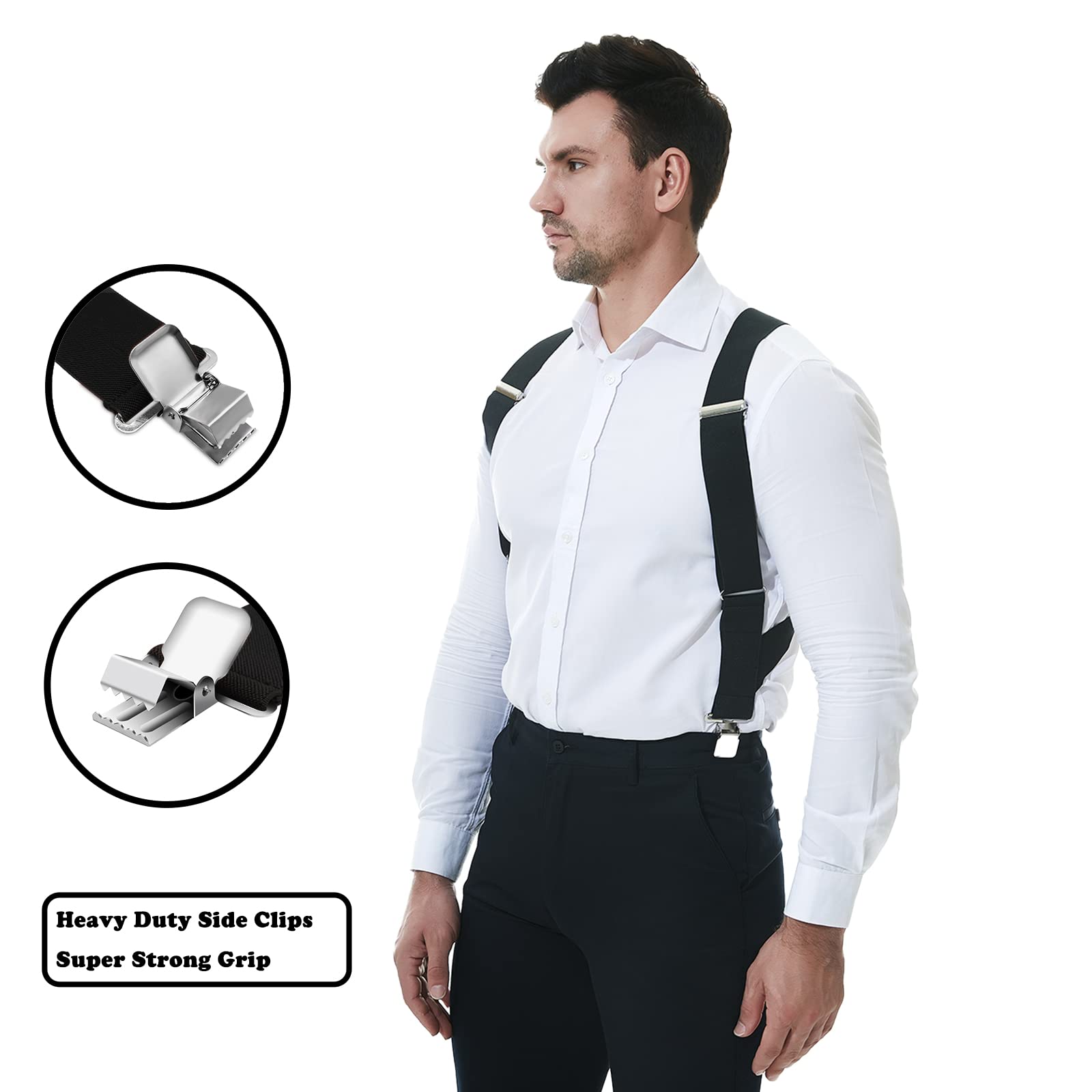 JTCMOJS Mens Suspenders for Men Heavy Duty 2" Black Suspenders Men Adjustable Braces Big and Tall Work Suspenders Side Clip Suspenders with Strong Clips