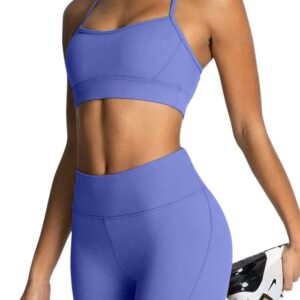 IMEKIS Workout Sets for Women 2 Piece Yoga Outfit: Tracksuits High Waisted Running Biker Shorts with Adjustable Strap Sport Bra Exercise Running Clothes Athletic Gym Sets Matching Active Wear Blue S