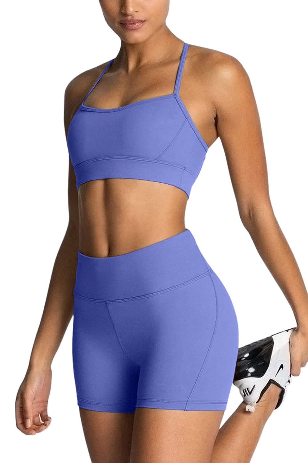 IMEKIS Workout Sets for Women 2 Piece Yoga Outfit: Tracksuits High Waisted Running Biker Shorts with Adjustable Strap Sport Bra Exercise Running Clothes Athletic Gym Sets Matching Active Wear Blue S