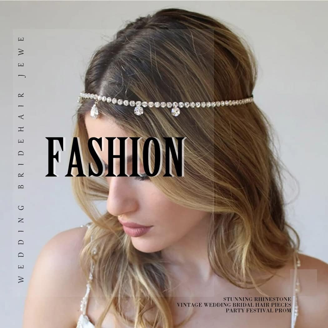 Fdesigner Wedding Head Chain Rhinestone Vintage Bride Headpieces Tassel Boho Hair Jewelry Bridal Headband Women Hair Accessories for Party Festival (Silver-Boho)